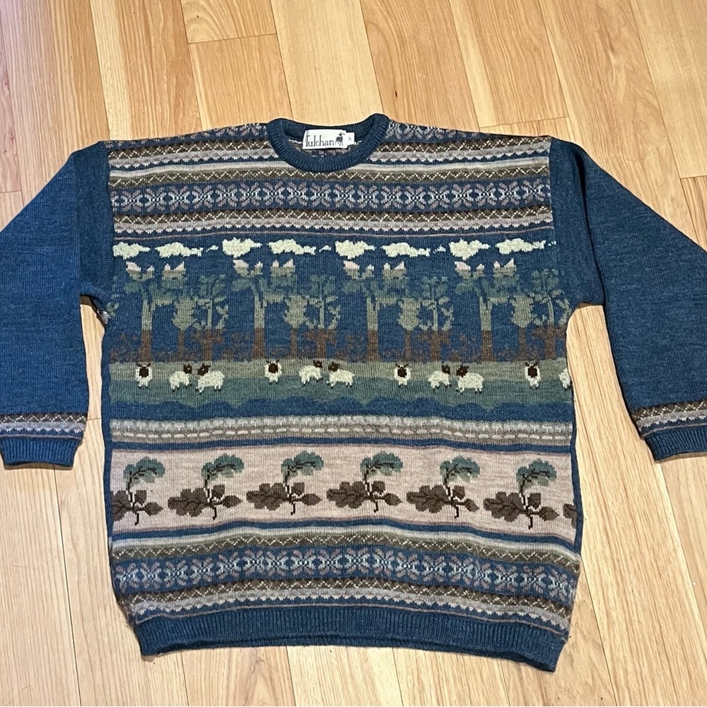 Vintage 90's Tulchan Wool Sheep Cottagecore Fair Isle Sweater XL Folklore Farm